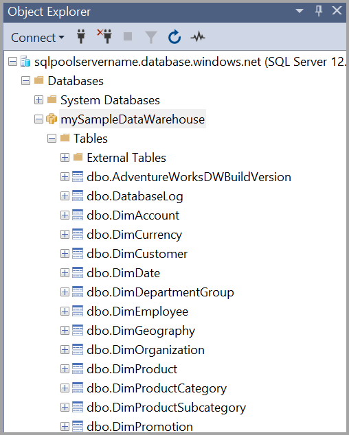 Captura de pantalla de SQL Server Management Studio (SSMS) en la que se muestran objetos de base de datos en el Explorador de objetos.