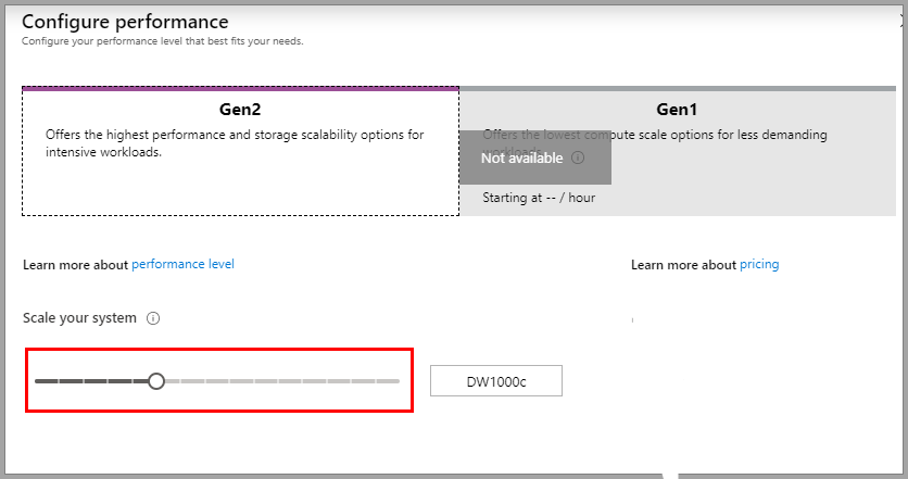 Captura de pantalla del Azure Portal. Cambiar el nivel de rendimiento de un almacenamiento de datos.