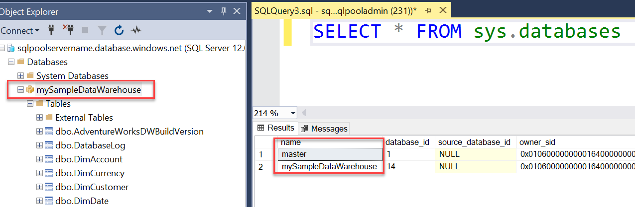 Captura de pantalla de SQL Server Management Studio (SSMS). Consulta de bases de datos en SSMS, que muestra master y mySampleDataWarehouse en el conjunto de resultados.