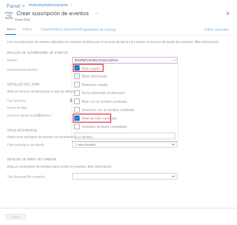 Screenshot showing how to select event types for blob rehydration events in the Azure portal