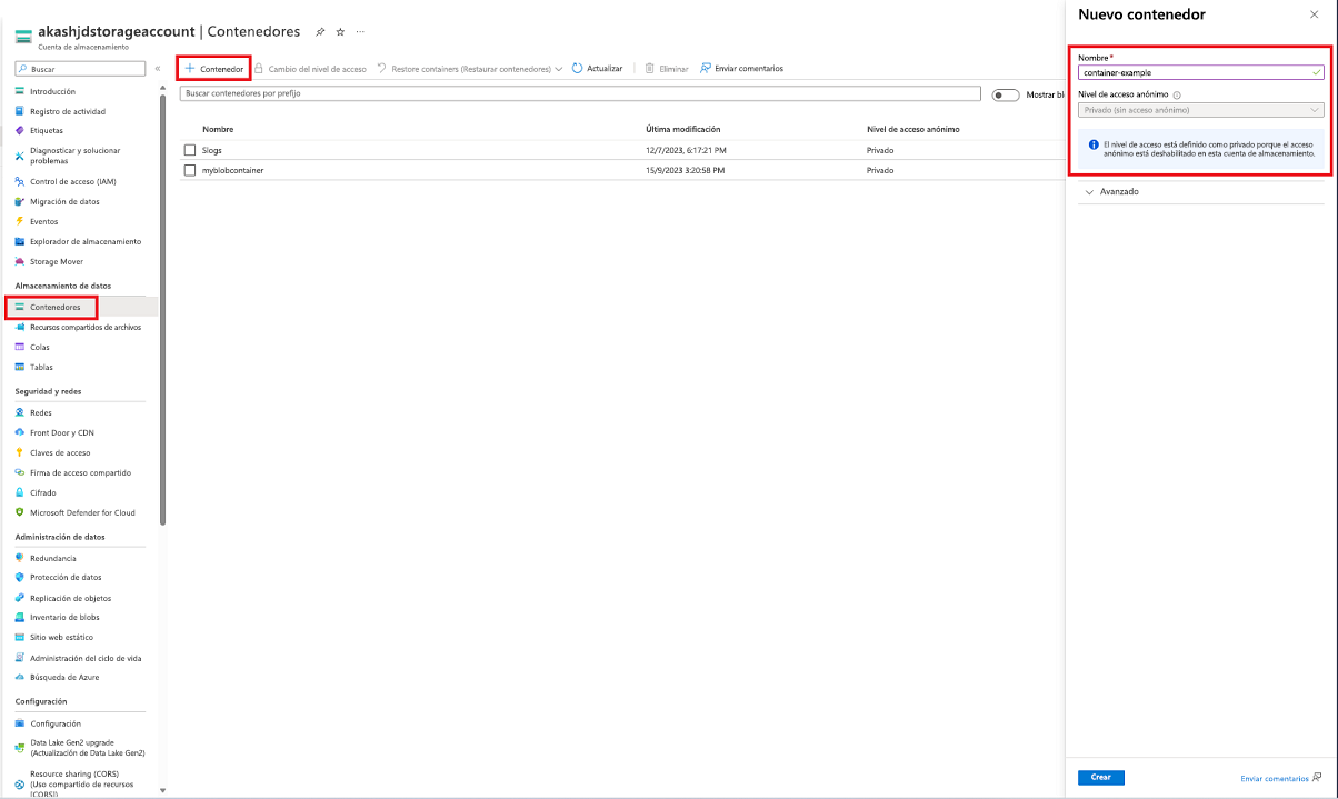 Screenshot showing how to create a container within the Azure portal.