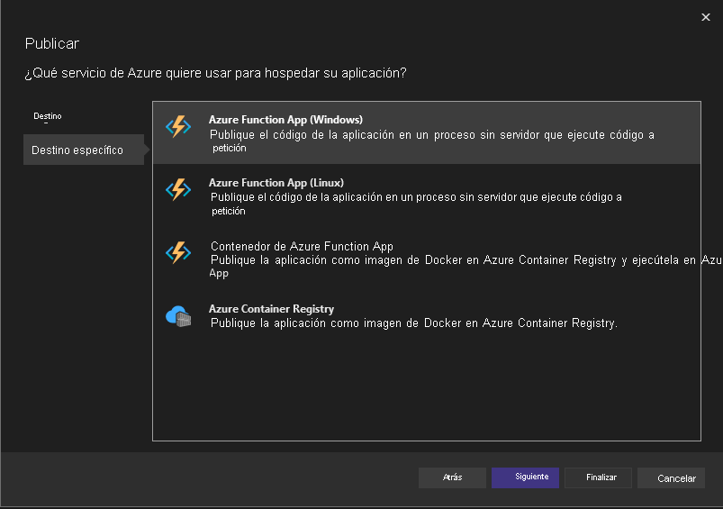 Captura de pantalla que muestra cómo elegir Azure Functions como destino de implementación específico.