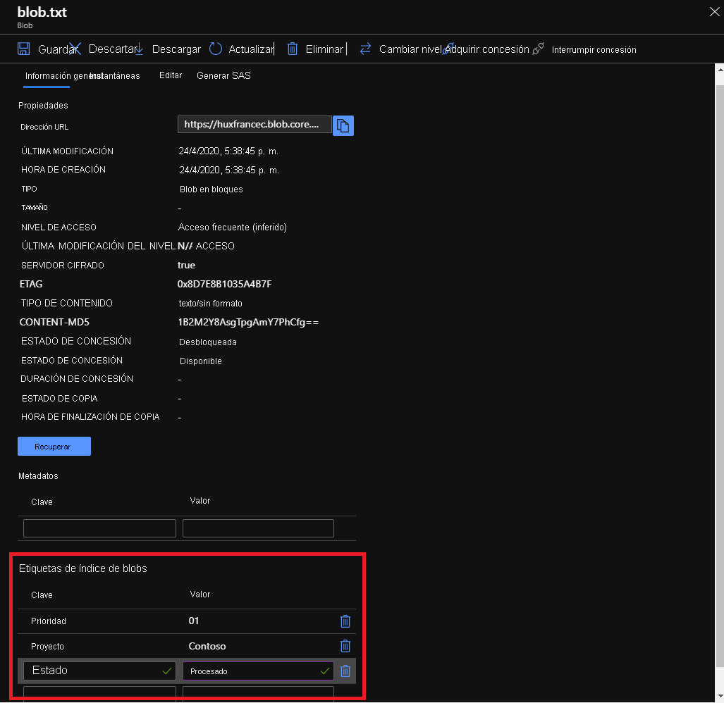Captura de pantalla de Azure Portal en la que se muestra cómo obtener, establecer, actualizar y eliminar etiquetas de índice en blobs.
