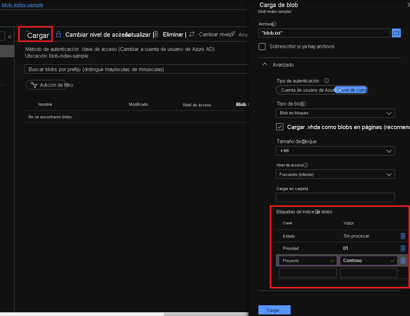 Captura de pantalla de Azure Portal en la que se muestra cómo cargar un blob con etiquetas de índice.