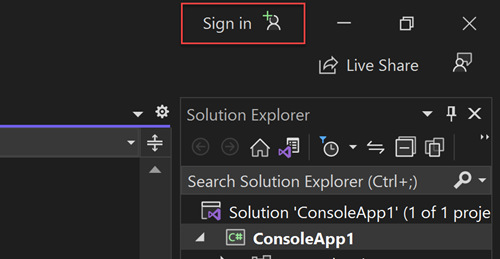 Captura de pantalla que muestra el botón de iniciar sesión en Azure mediante Visual Studio.