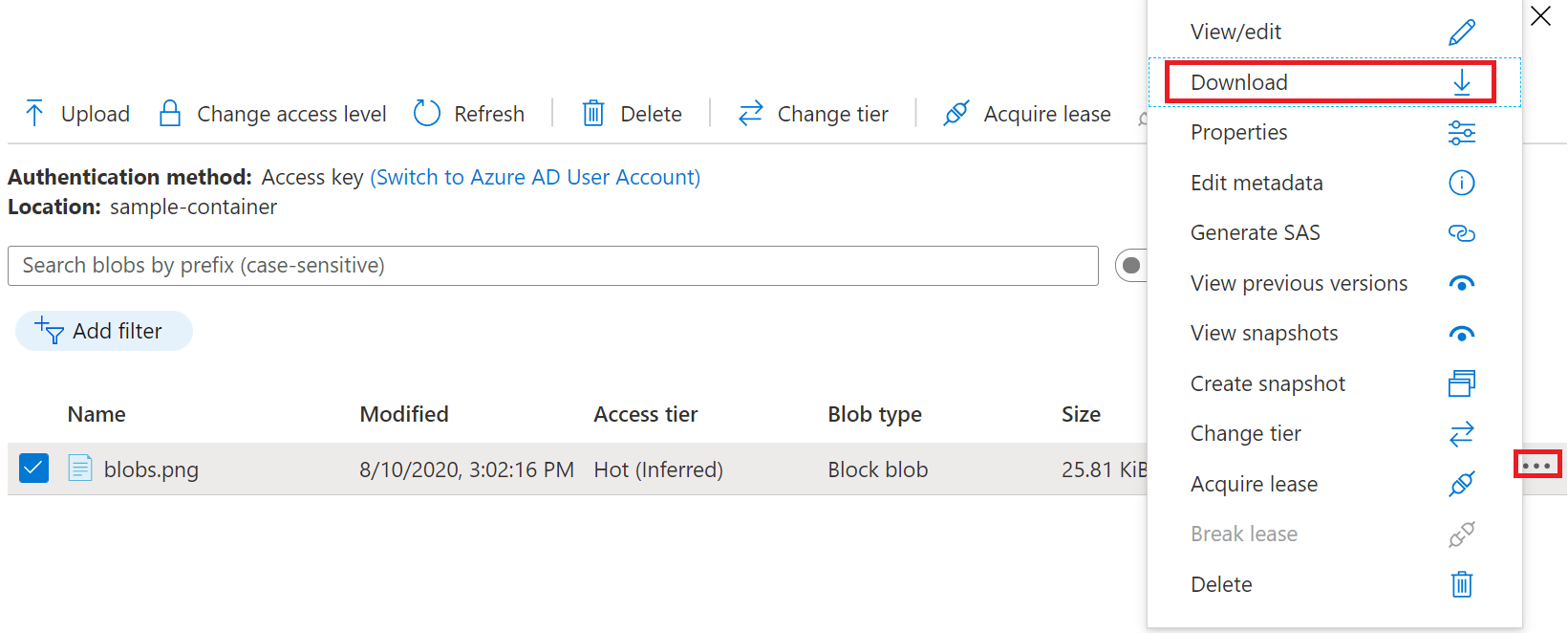 Captura de pantalla que muestra cómo descargar un blob en Azure Portal