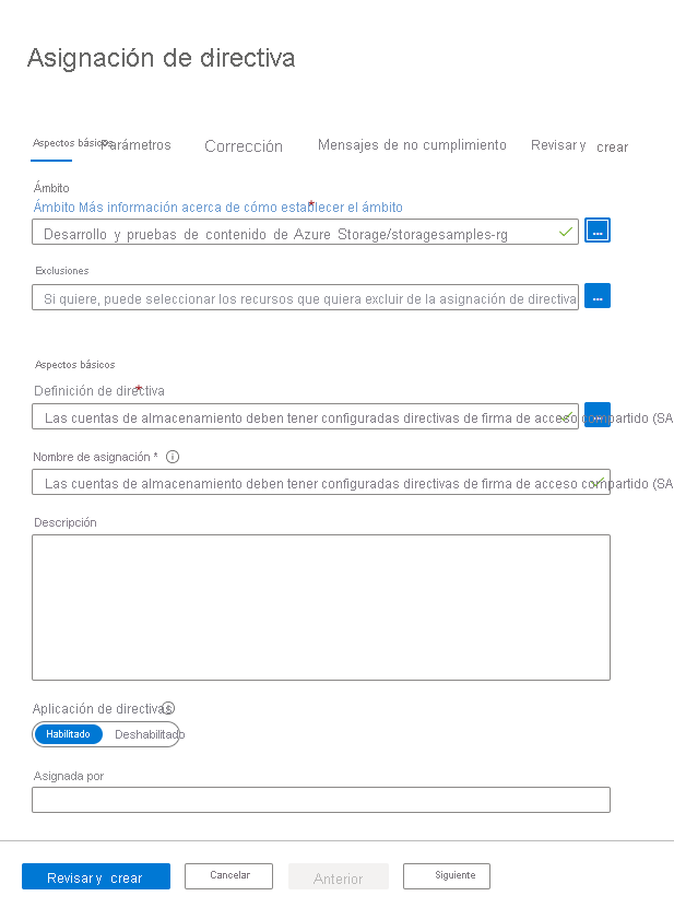 Screenshot showing how to create the policy assignment
