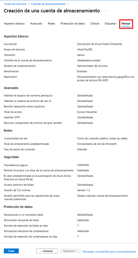 Captura de pantalla que muestra una configuración estándar para una nueva cuenta de almacenamiento: pestaña de revisión.