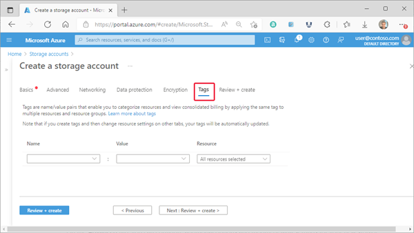 Screenshot showing a standard configuration for a new storage account - Tags tab.
