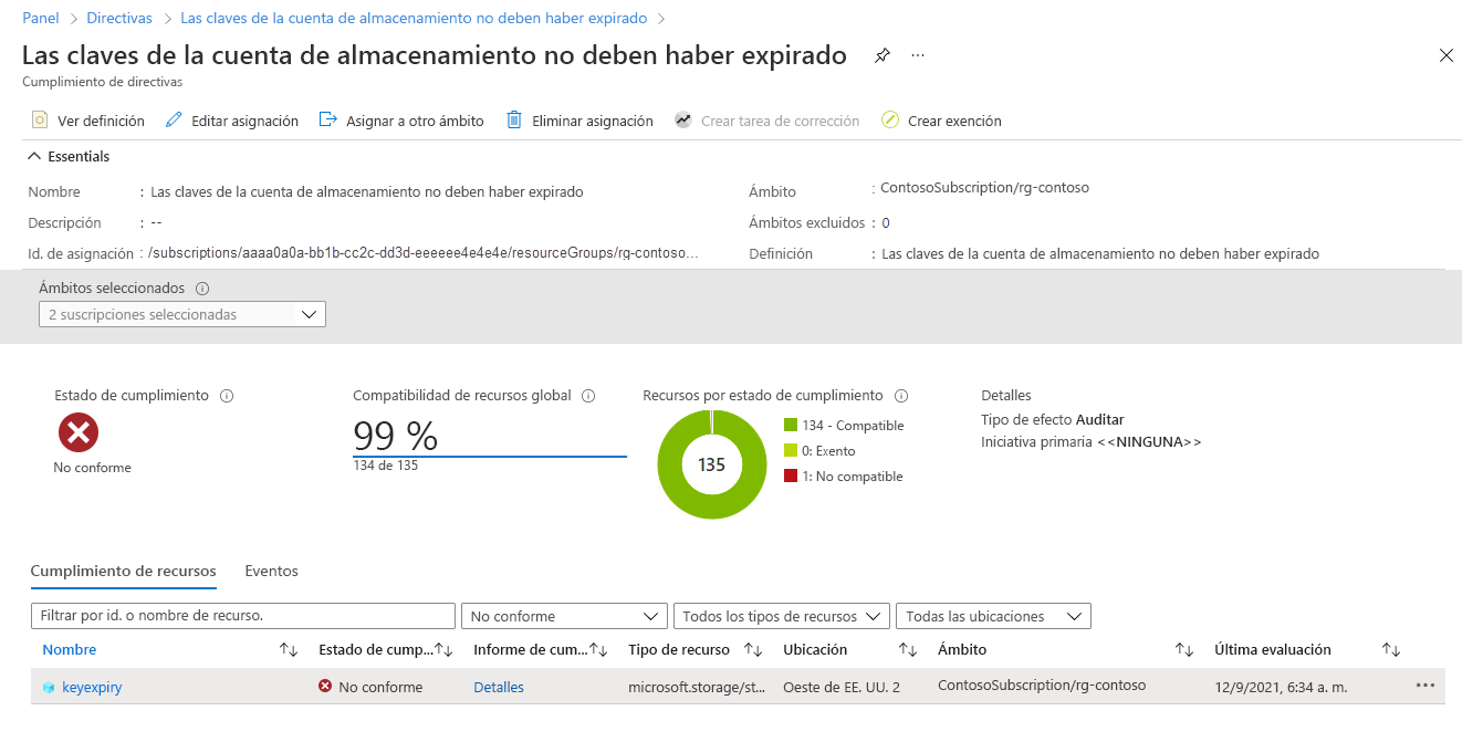 Captura de pantalla en la que se muestra cómo ver el informe de compatibilidad para la directiva integrada de expiración de claves