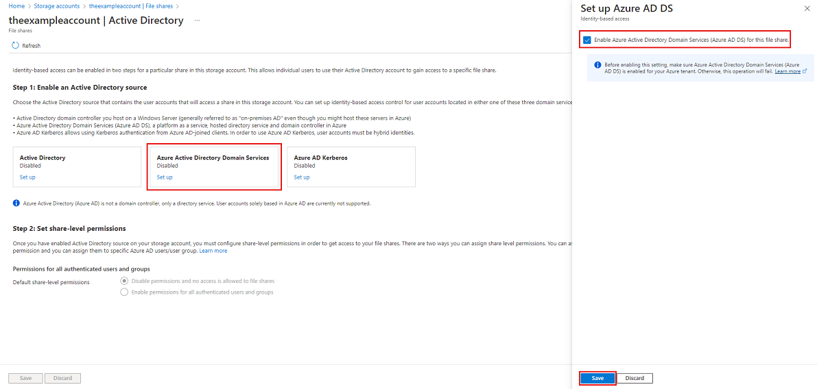 Captura de pantalla del panel Active Directory en la que Azure Active Directory Domain Services está habilitado.