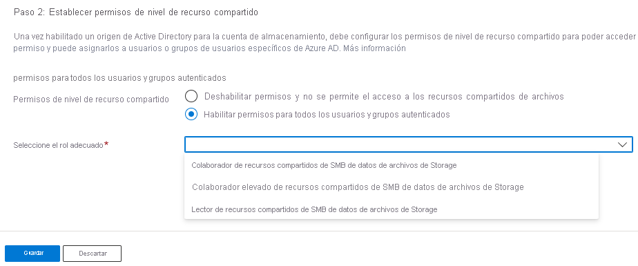 Captura de pantalla que muestra cómo establecer un permiso de nivel de recurso compartido predeterminado mediante Azure Portal.
