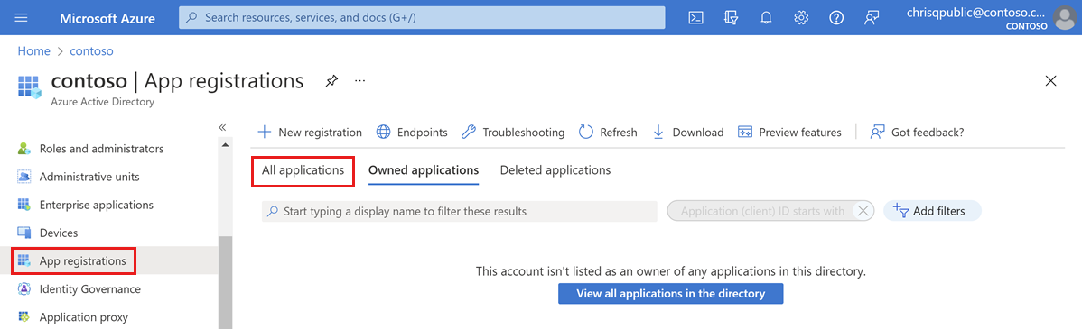 Captura de pantalla de Azure Portal. Microsoft Entra ID está abierto. Los registros de aplicaciones están seleccionados en el panel izquierdo. Todas las aplicaciones están resaltadas en el panel derecho.