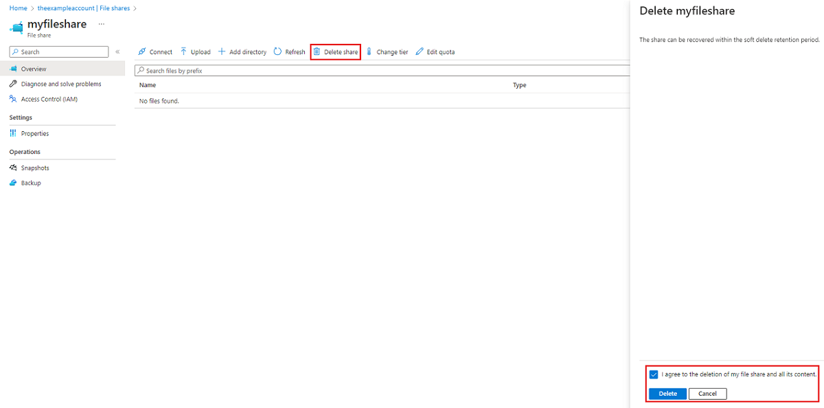 Captura de pantalla del procedimiento de Azure Portal para eliminar un recurso compartido de archivos.
