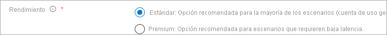 Captura de pantalla del botón de radio Rendimiento con la opción Estándar seleccionada y el Tipo de cuenta con la opción StorageV2 seleccionada.