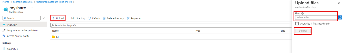Captura de pantalla en la que se muestra el panel para cargar archivos en Azure Portal