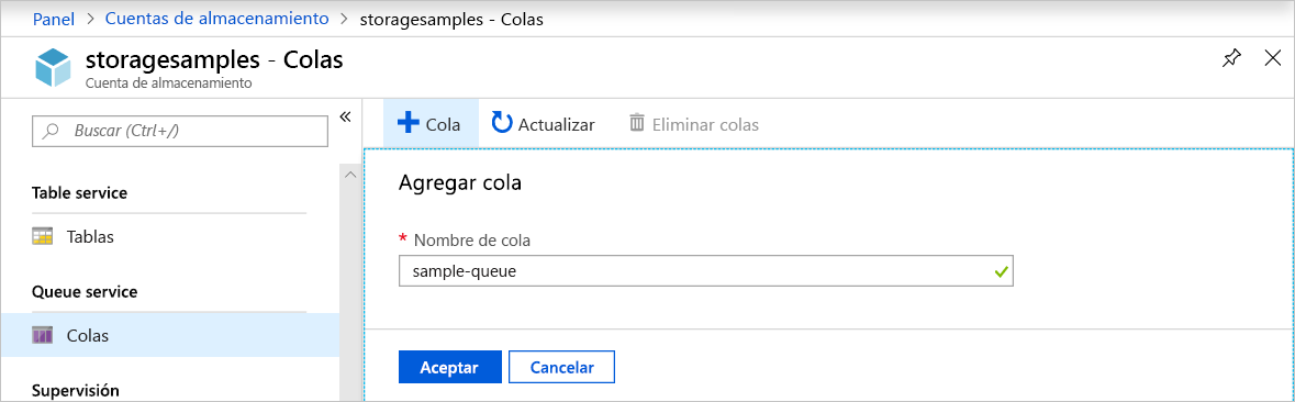 Captura de pantalla que muestra cómo crear una cola en Azure Portal