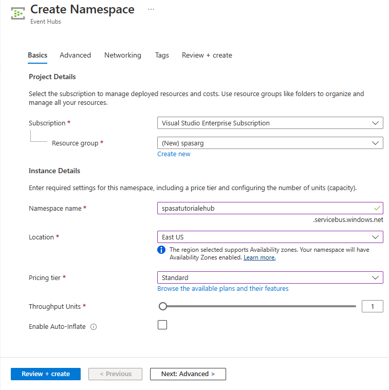 Screenshot showing the Create Namespace page.