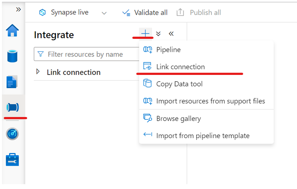 Captura de pantalla que muestra cómo crear un vínculo a un grupo de SQL de Azure Synapse.