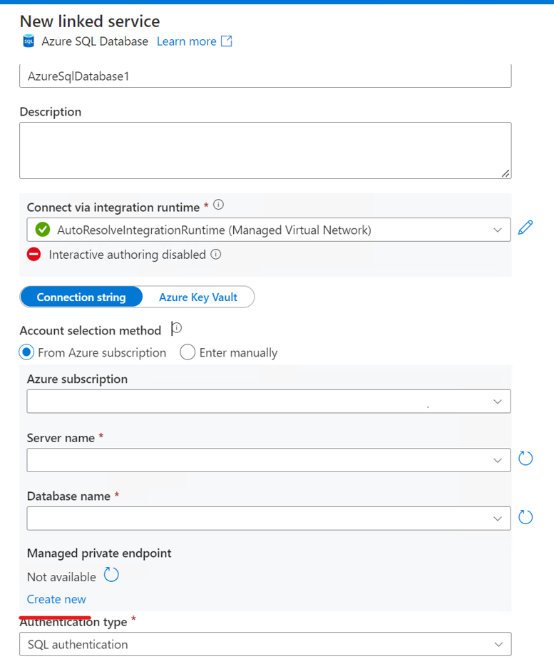 Captura de pantalla de un nuevo punto de conexión privado del servicio vinculado de base de datos Azure SQL 1.