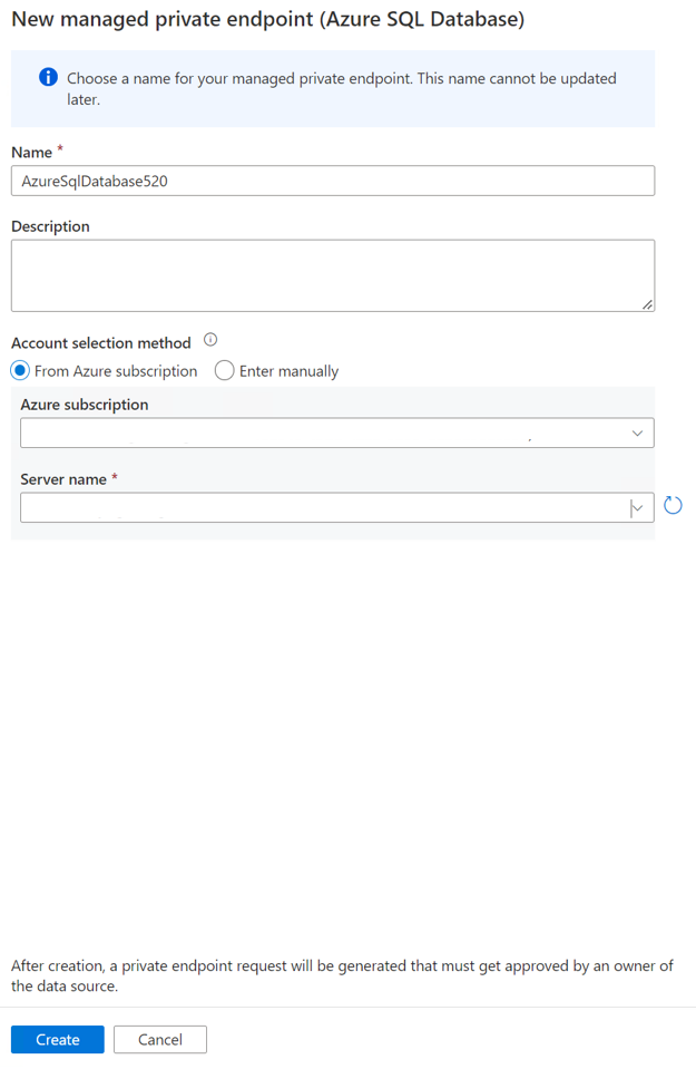 Captura de pantalla de un nuevo punto de conexión privado del servicio vinculado de base de datos Azure SQL 2.
