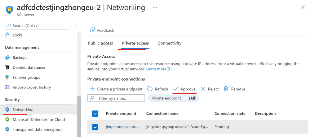 Captura de pantalla de un nuevo punto de conexión privado del servicio vinculado de base de datos Azure SQL 3.