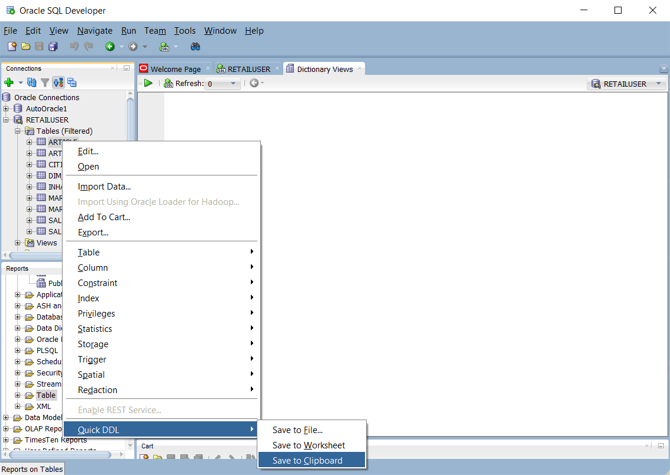 Captura de pantalla que muestra la instrucción create table generada por Oracle SQL Developer.