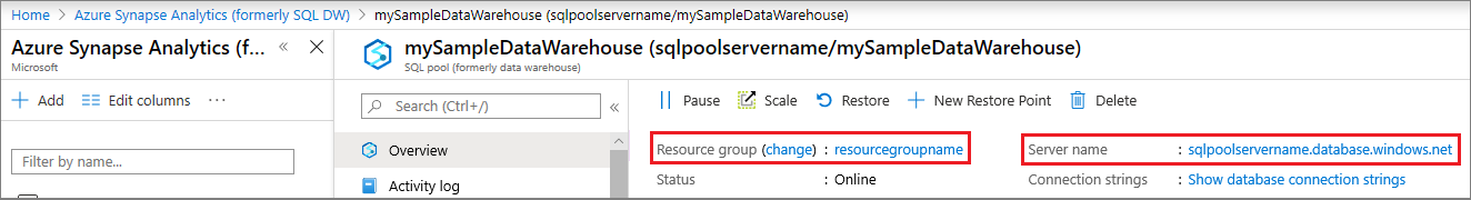 Captura de pantalla de Azure Portal que contiene el nombre del servidor y el grupo de recursos del grupo de SQL dedicado (anteriormente SQL DW).