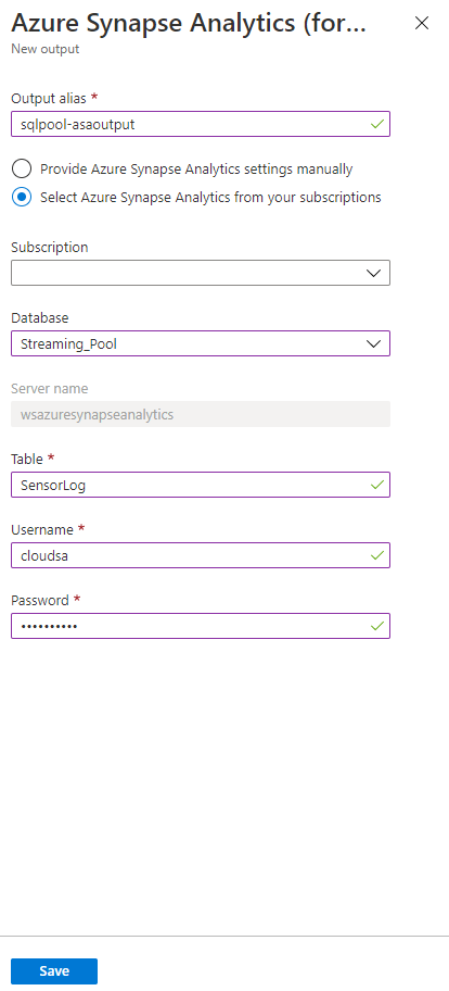 Formulario completado de Azure Synapse Analytics