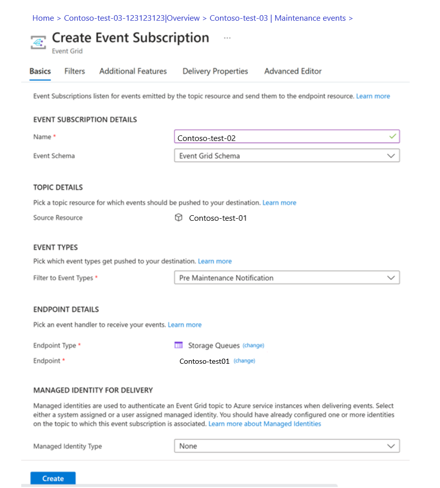 Captura de pantalla sobre cómo crear una suscripción de eventos.