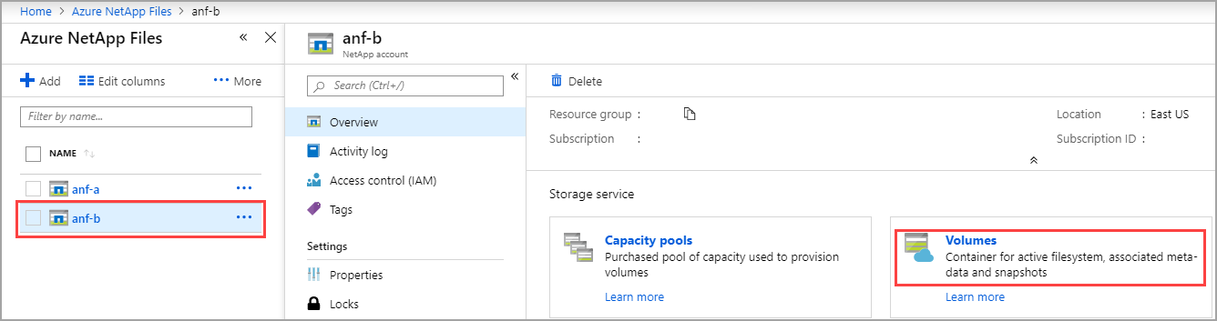 Captura de pantalla de la cuenta de NetApp que configuró antes en Azure Portal con el botón Volúmenes seleccionado.