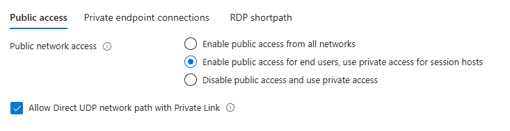 Captura de pantalla que muestra la casilla Rdp Shortpath (Ruta corta de RDP) cuando se selecciona la opción Acceso público para los usuarios; el acceso privado para hosts está seleccionado 