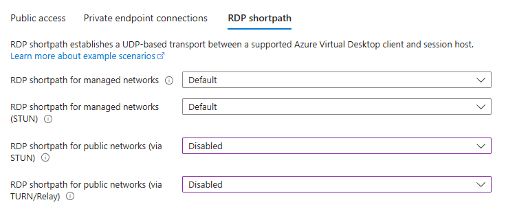 Captura de pantalla en la que se muestra RDP Shortpath para redes públicas (STUN y TURN) deshabilitadas, mientras que RDP Shortpath para redes administradas permanece en la configuración Predeterminada.