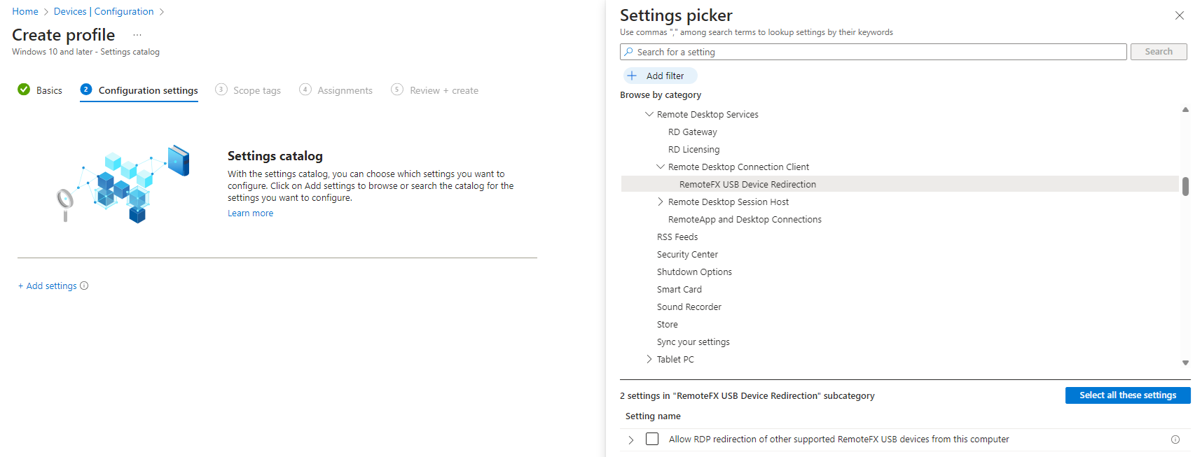 Recorte de pantalla que muestra las opciones de redireccionamiento de dispositivos USB cliente en el portal de Microsoft Intune.