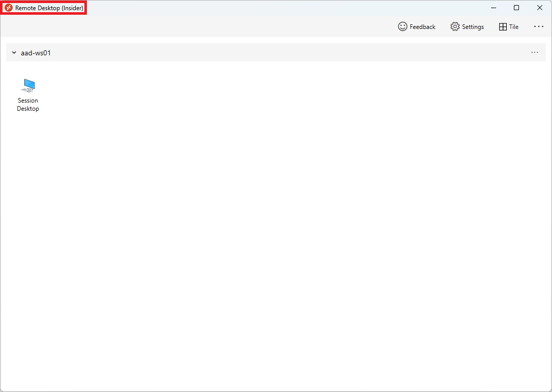Captura de pantalla del cliente de Escritorio remoto con las características de Insider habilitadas. El título está resaltado en un cuadro rojo.