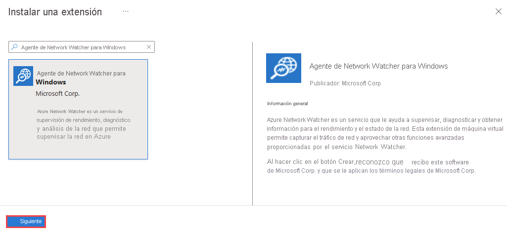 Captura de pantalla que muestra cómo instalar el agente de Network Watcher para Windows en Azure Portal.