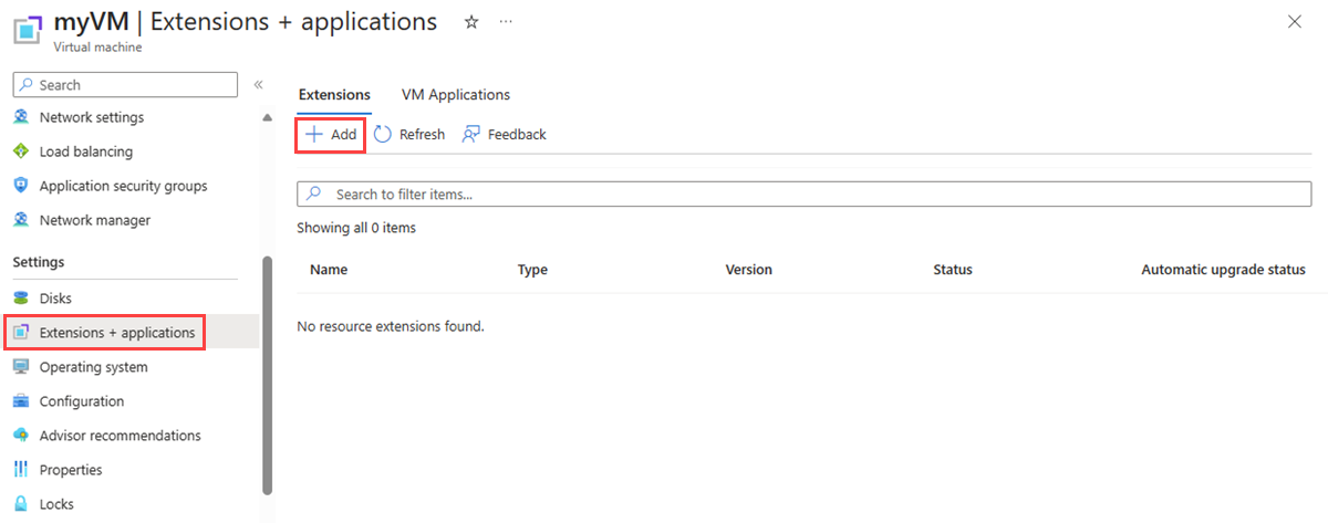 Captura de pantalla que muestra la página de extensiones de la máquina virtual en Azure Portal.