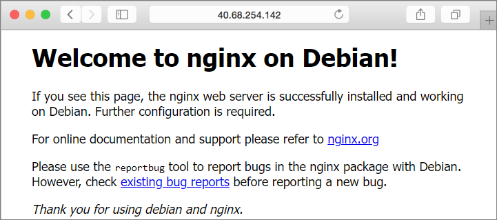 Captura que muestra la página web que muestra el N G I N X predeterminado.