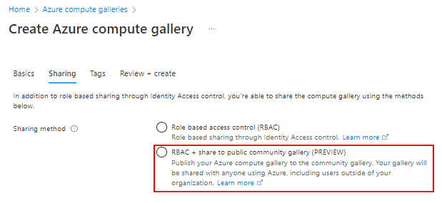 Captura de pantalla en la que se muestra la opción de compartir con el control de acceso basado en rol y una galería de la comunidad.