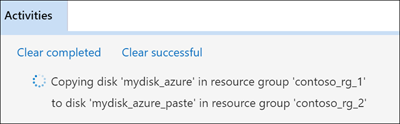 Captura de pantalla del Explorador de Azure Storage que resalta la ubicación del panel Activities (Actividades) que contiene los mensajes de estado de copia y pegado.