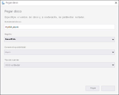 Captura de pantalla del formulario Paste Disk (Pegar disco) del Explorador de Azure Storage.
