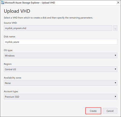 Captura de pantalla del cuadro de diálogo Upload VHD (Cargar disco duro virtual) del Explorador de Azure Storage.