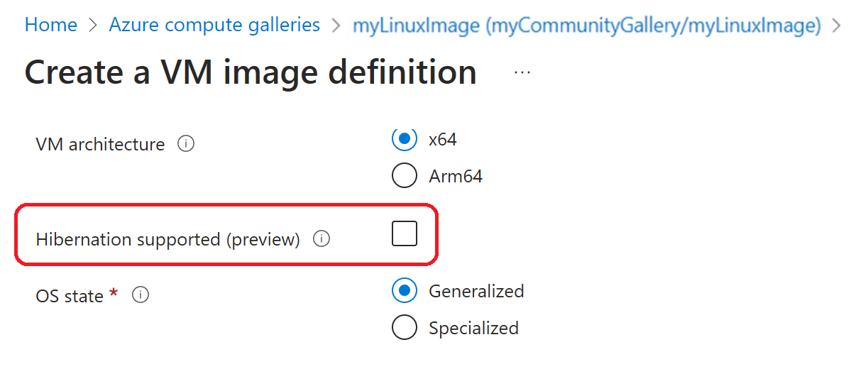 Captura de pantalla de la opción para habilitar la hibernación en Azure Portal al crear una definición de imagen de máquina virtual.