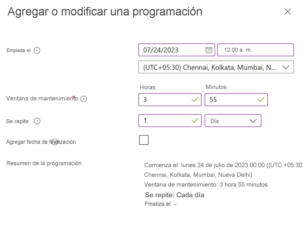 Captura de pantalla de las opciones para agregar o modificar una programación.
