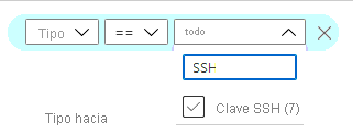 Captura de pantalla sobre cómo filtrar la lista para ver todas las claves SSH.
