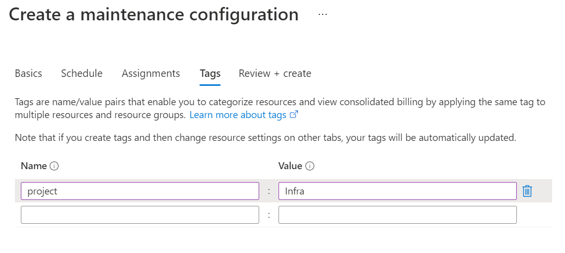 Captura de pantalla que muestra los cuadros de nombre y valor para agregar etiquetas a una configuración de mantenimiento.