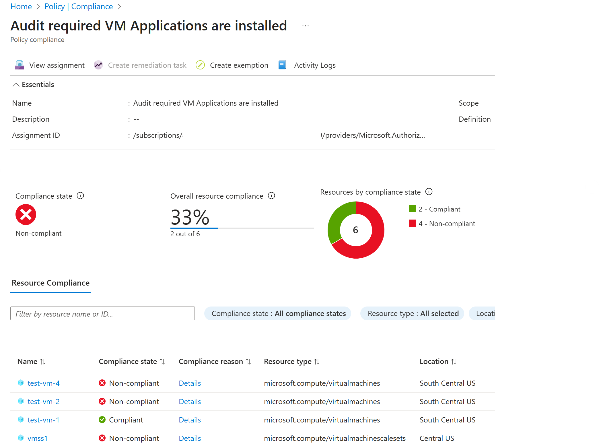 Captura de pantalla que muestra la vista de cumplimiento de Azure Policy, donde se enumeran las máquinas virtuales y los Virtual Machine Scale Sets auditados para confirmar la presencia obligatoria de la aplicación requerida en la máquina virtual.