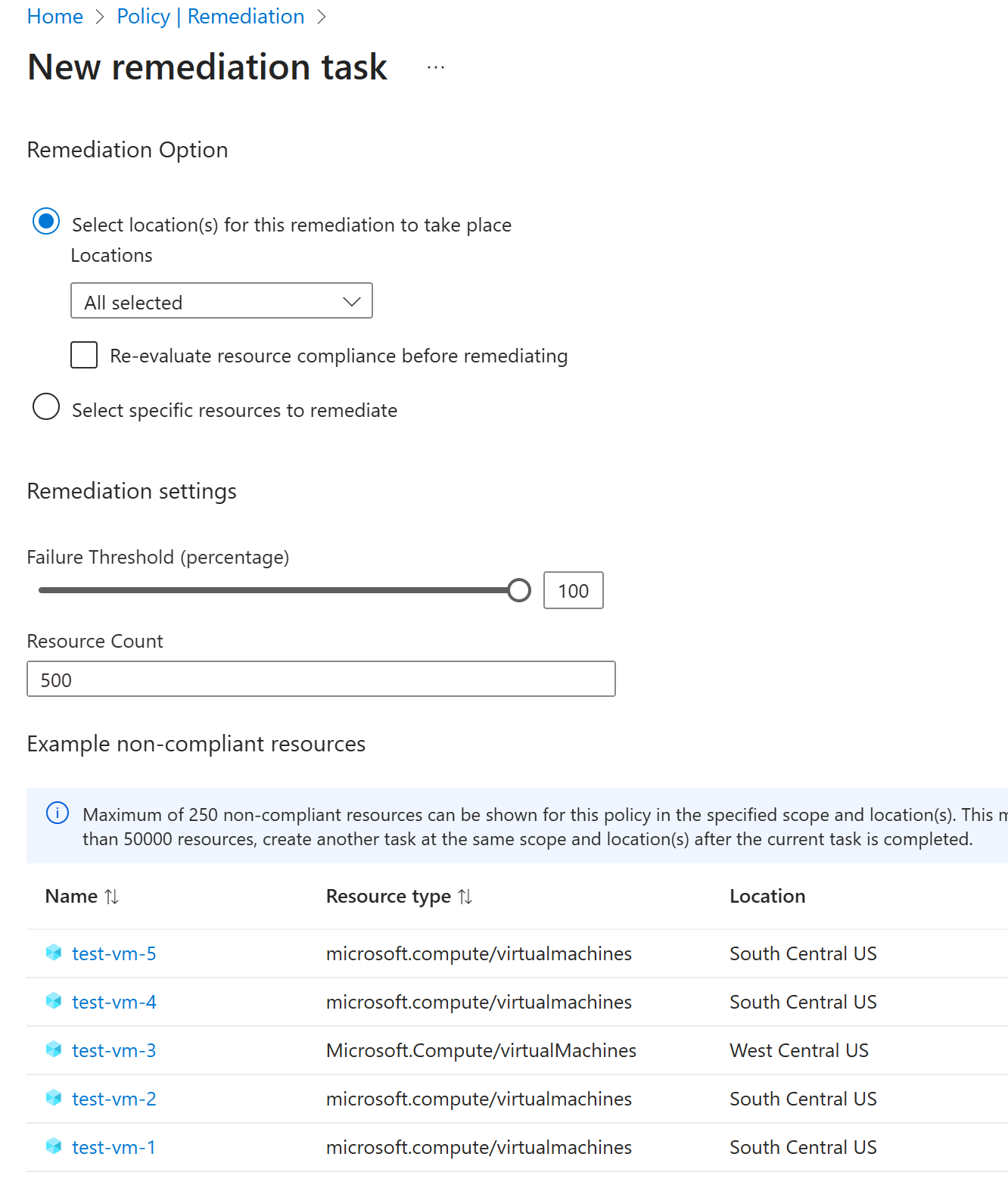 Captura de pantalla de Azure Portal experiencia que muestra cómo crear una nueva tarea de corrección.