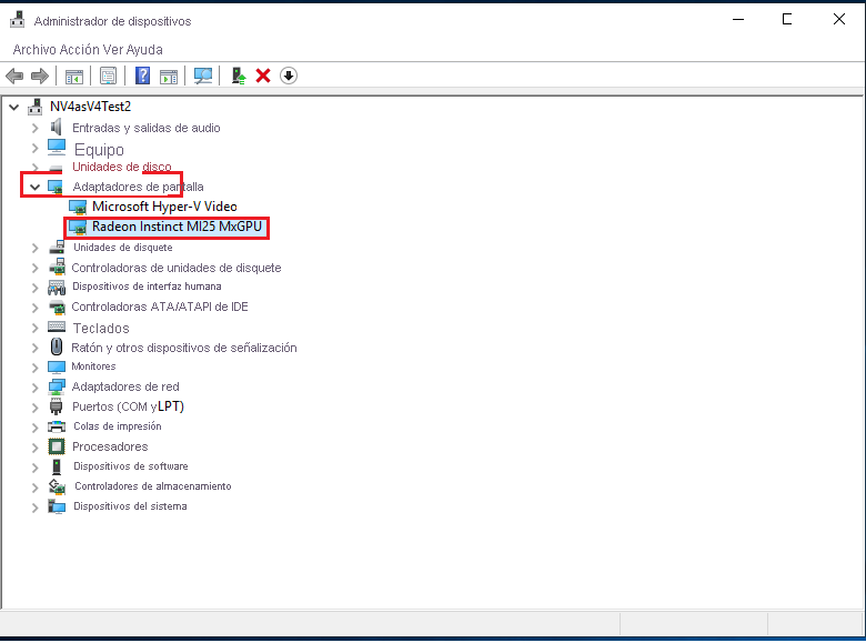 Captura de pantalla en la que se muestra la configuración correcta de la tarjeta Radeon Instinct MI25 en una máquina virtual NVv4 de Azure.