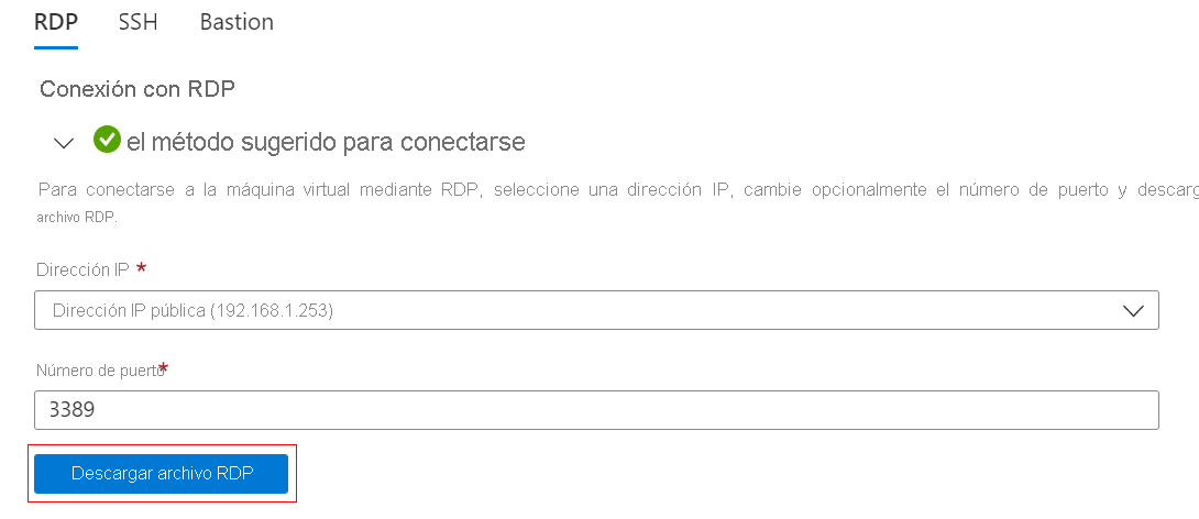 Captura de pantalla que muestra la configuración del escritorio remoto y el botón Descargar archivo RDP.